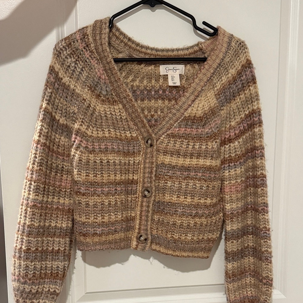 Jessica Simpson Beige and Pink Striped V‑Neck Cardigan